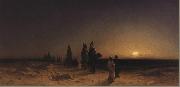 Karl Friedrich Christian Welsch Crossing the Desert at Sunset, oil painting artist